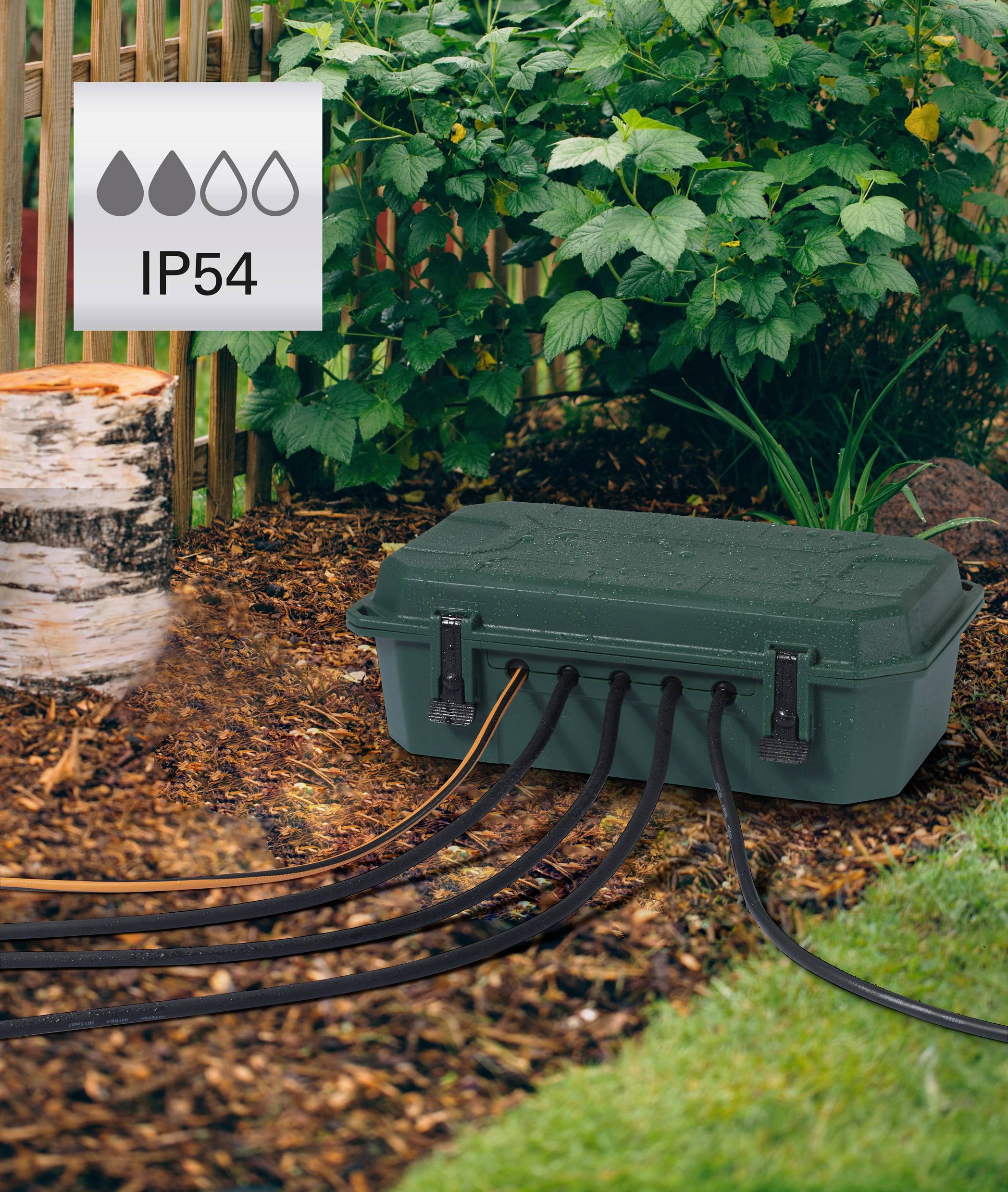 Sygonix SY-5598168 Verteilerbox 4fach Standard-Grün (seidenmatt), Schwarz erhöhter Berührungsschutz, mit 4-Fach Steckdosenleiste