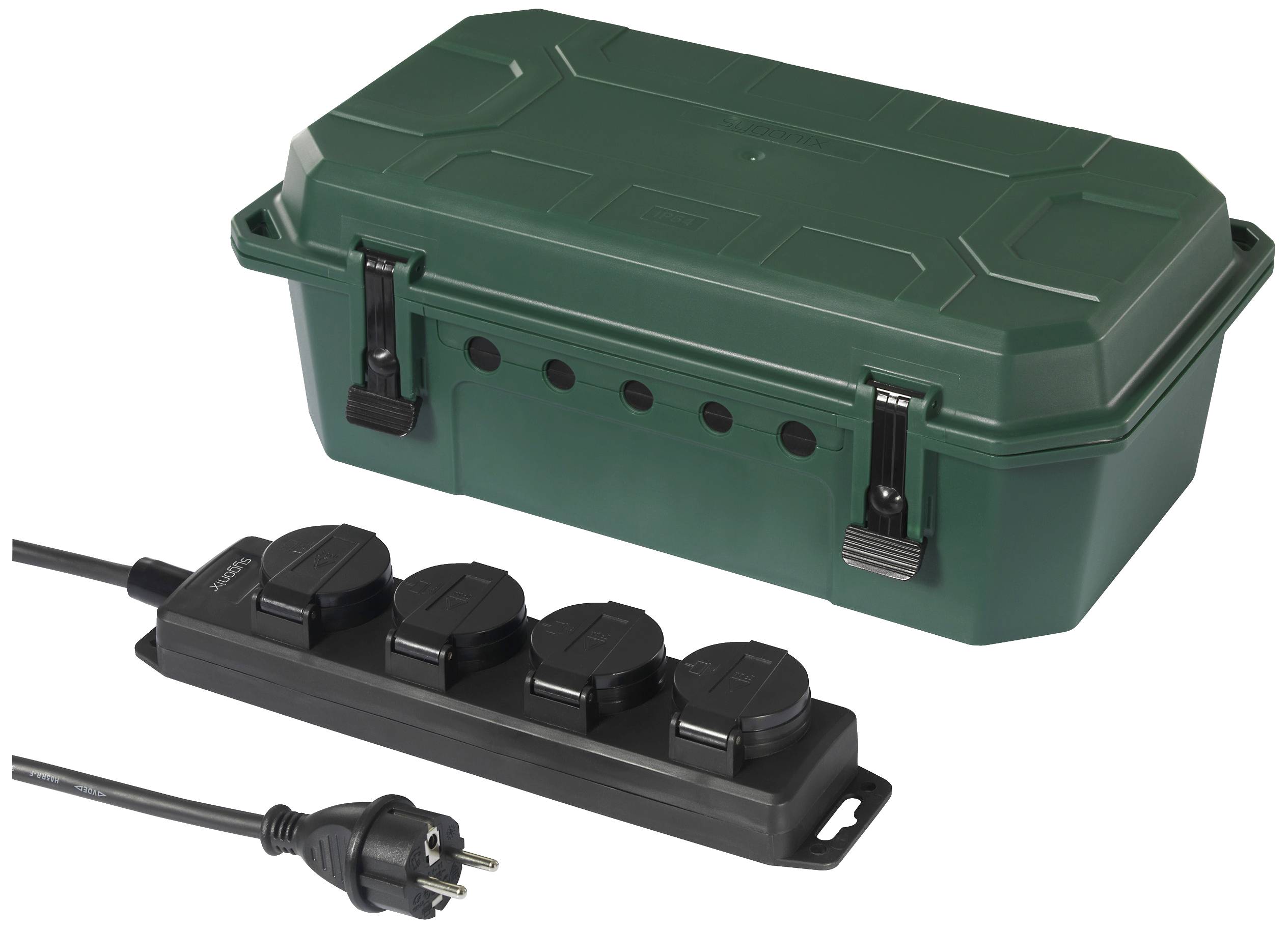 Grüner, wetterfester Kasten mit schwarzer Mehrfachsteckdose und Stecker, geeignet für den Außeneinsatz.