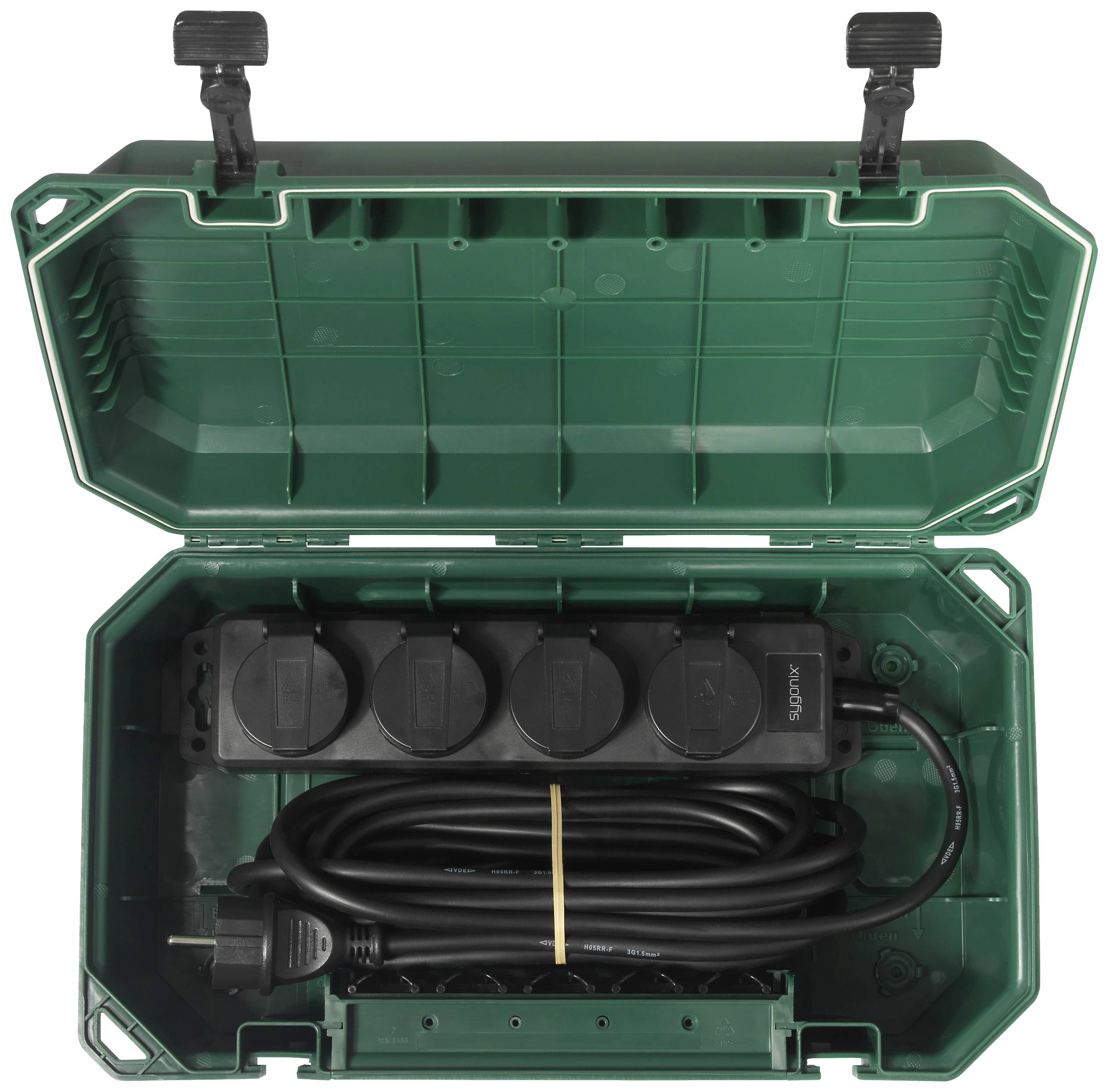Sygonix SY-5598168 Verteilerbox 4fach Standard-Grün (seidenmatt), Schwarz erhöhter Berührungsschutz, mit 4-Fach Steckdosenleiste