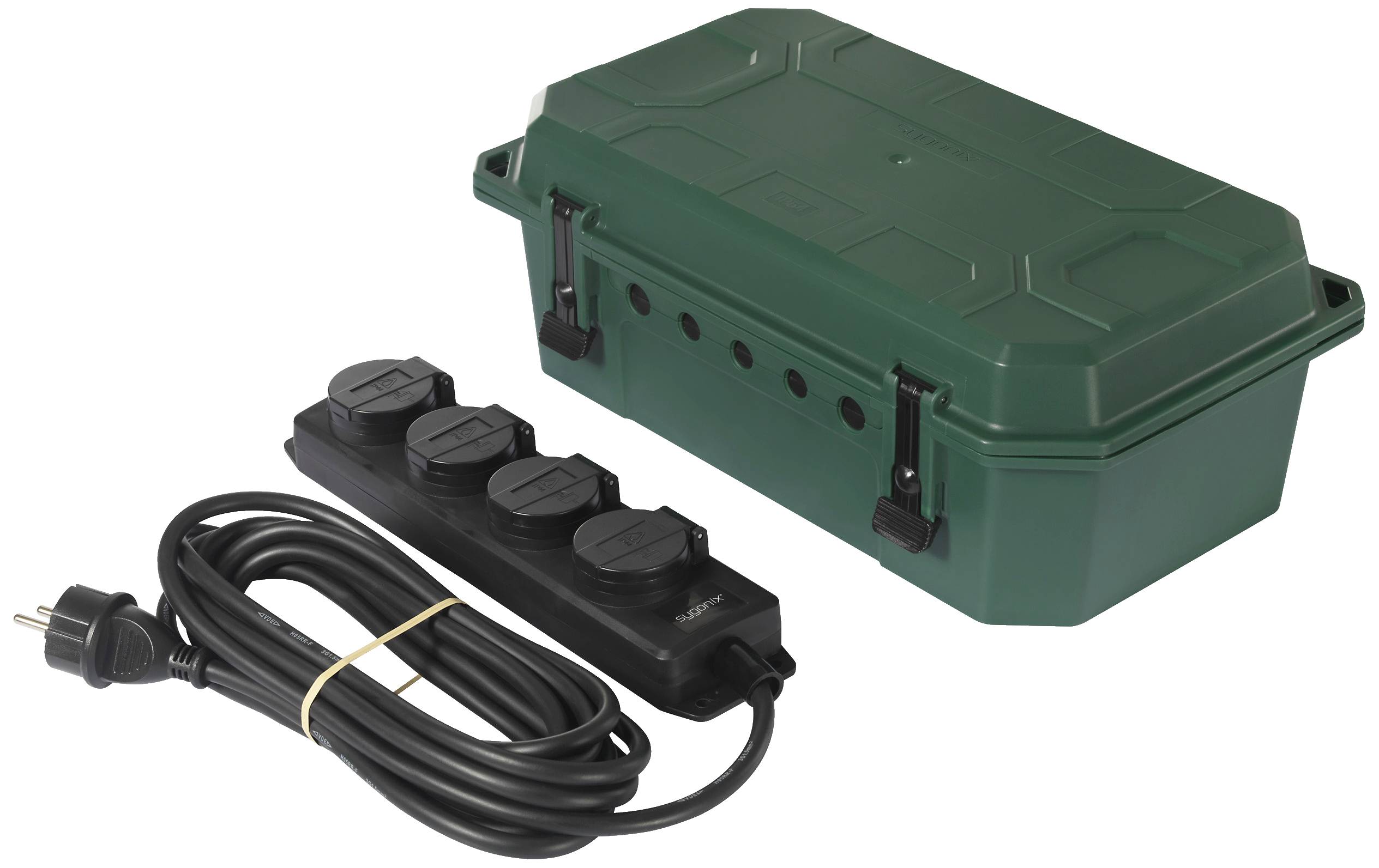 Sygonix SY-5598168 Verteilerbox 4fach Standard-Grün (seidenmatt), Schwarz erhöhter Berührungsschutz, mit 4-Fach Steckdosenleiste