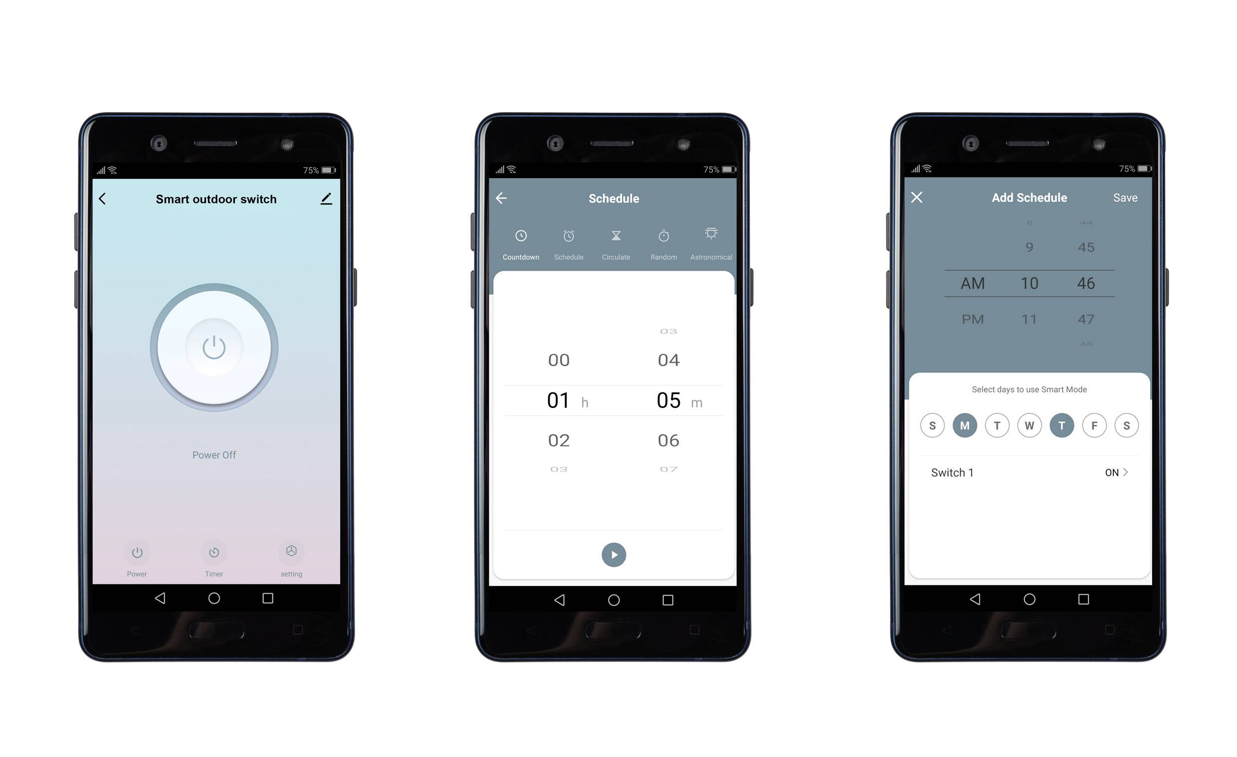 Drei Smartphone-Bildschirme zeigen eine smarte Outdoor-Schalter-App: Hauptseite mit Ein/Aus-Button, Zeitpläneinstellung, und Zeitplanhinzufügung.
