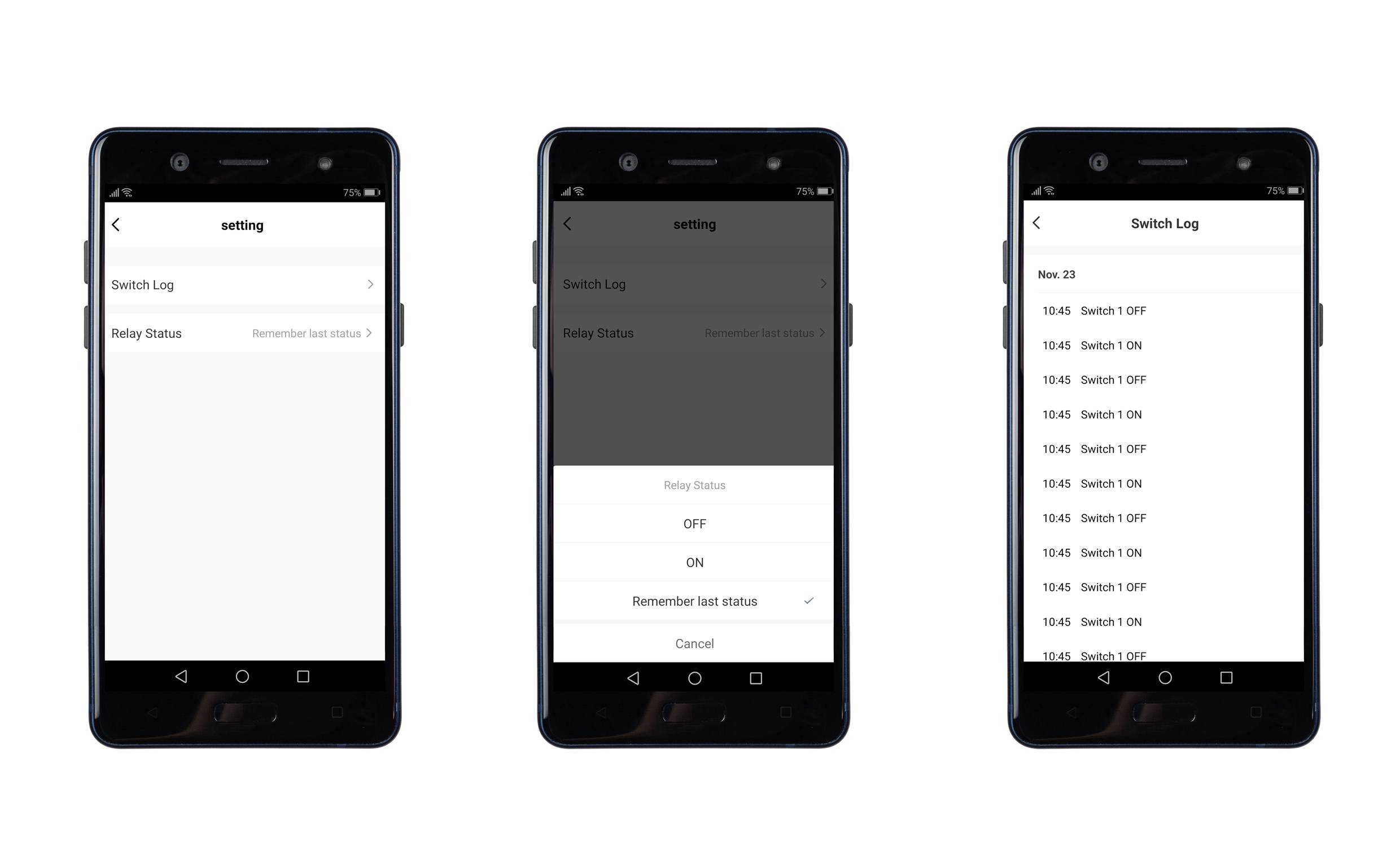 Drei Smartphone-Bildschirme zeigen eine App-Schnittstelle zur Steuerung von Schaltvorgängen. Links: Einstellungen. Mitte: Relaisstatus. Rechts: Schaltprotokoll zeigt Uhrzeit und Status.