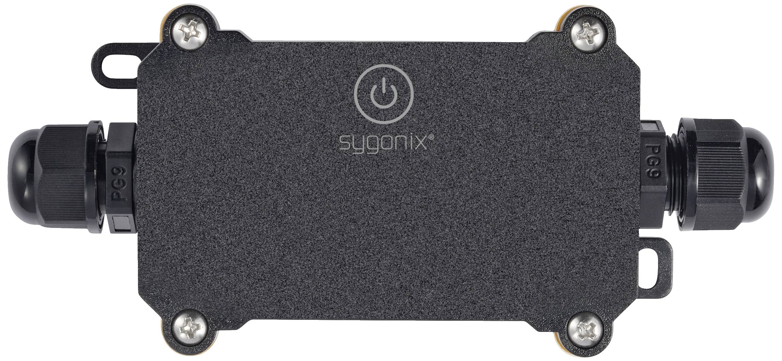 Schwarz-graues elektrisches Bauteil mit zwei Kabelverschraubungen und einer Ein/Aus-Schalttaste in der Mitte, beschriftet mit 'sygonix'.