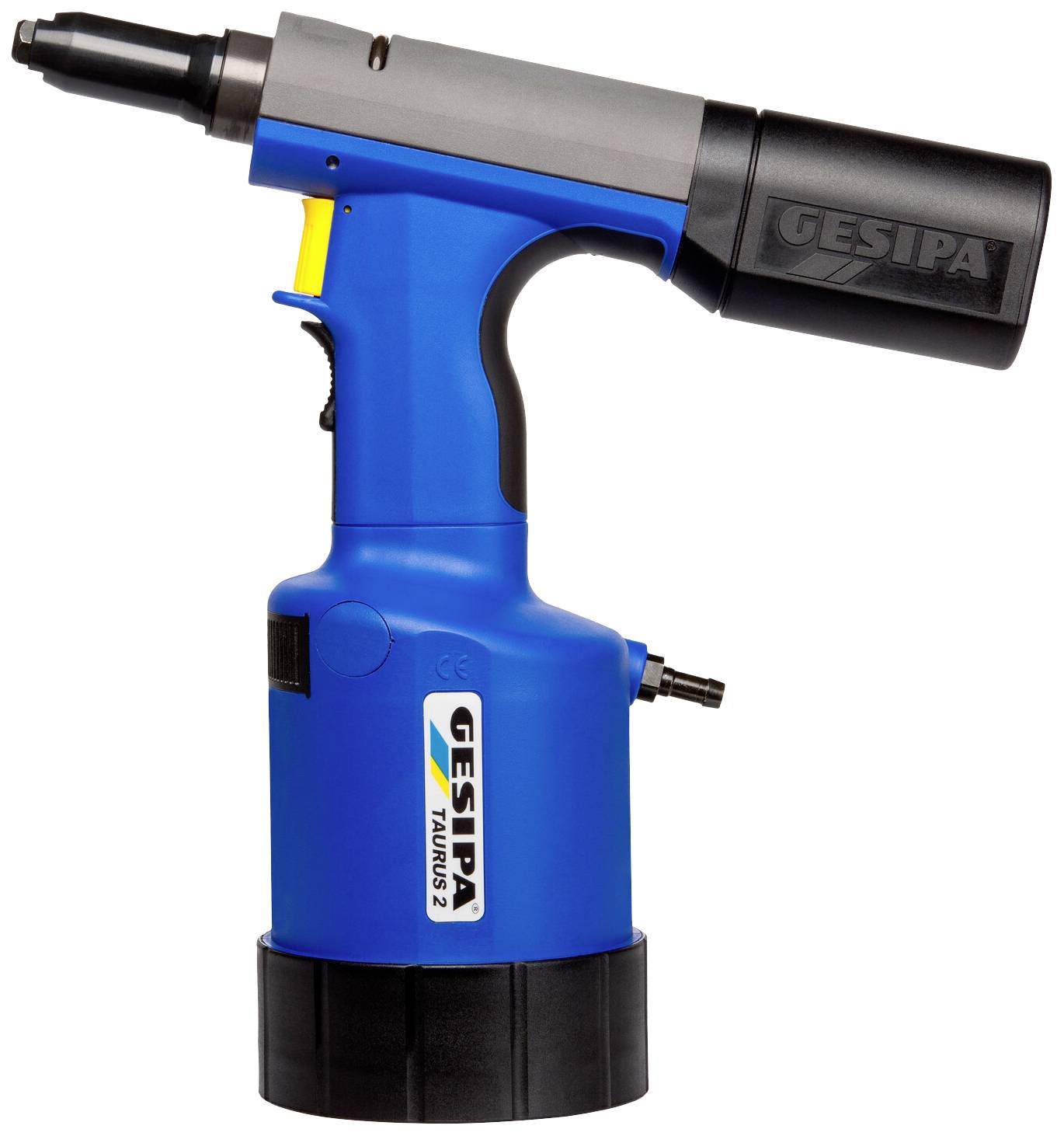 Elektrisches Nietgerät mit blauem Gehäuse und schwarzem Griff. Markenname seitlich aufgedruckt. Werkzeug für Befestigungsarbeiten.