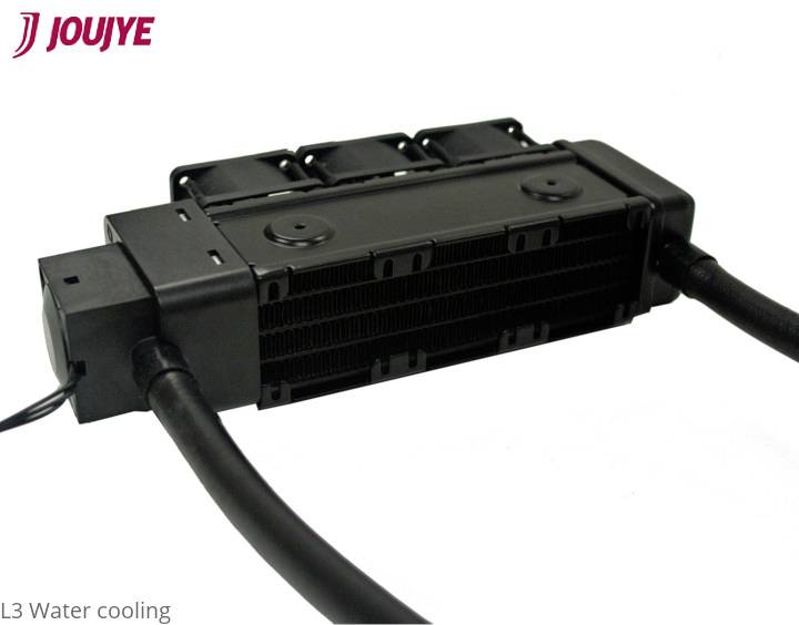 JOUJYE L3 Wassergekühltes CPU-Kühlsystem, schwarzes Gehäuse mit drei Ventilatoren und flexiblen Schläuchen.