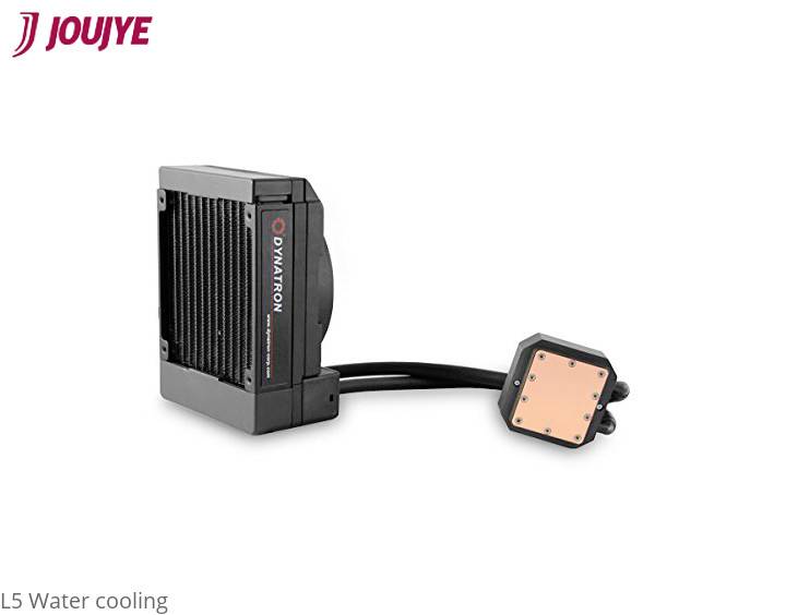 'JOUJYE L5 Water Cooling' mit schwarzem Kühlkörper und Kupferplatte. Geeignet für Computer-Hardware, verbessert die Wärmeableitung.