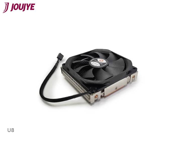 Ventilatorgehäuse mit schwarzem Lüfter und Kabel, auf weißem Hintergrund. Markierung 'JOUJYE' oben links, Modellname 'U8' unten.