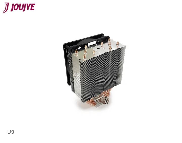 Ein CPU-Kühler mit Kupferrohren und Aluminiumlamellen. Markenname 'JouiYE' in der linken oberen Ecke, Modell 'U9' unten.