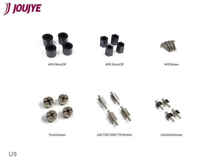 'Jouyie' Logo oben links. Sechs verschiedene Hardwareteile: A04 Abstandhalter, AM5 Abstandhalter, AMD Schraube, Thumb Schraube, LGA 1700/1200/115X Schrauben, LGA 2011 Schrauben.