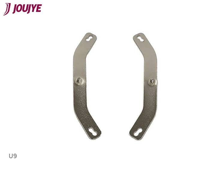 Zwei gebogene Metallhalterungen mit Schraubenlöchern sind nebeneinander abgebildet. Links oben ist das Logo 'JOUIYE' zu sehen.