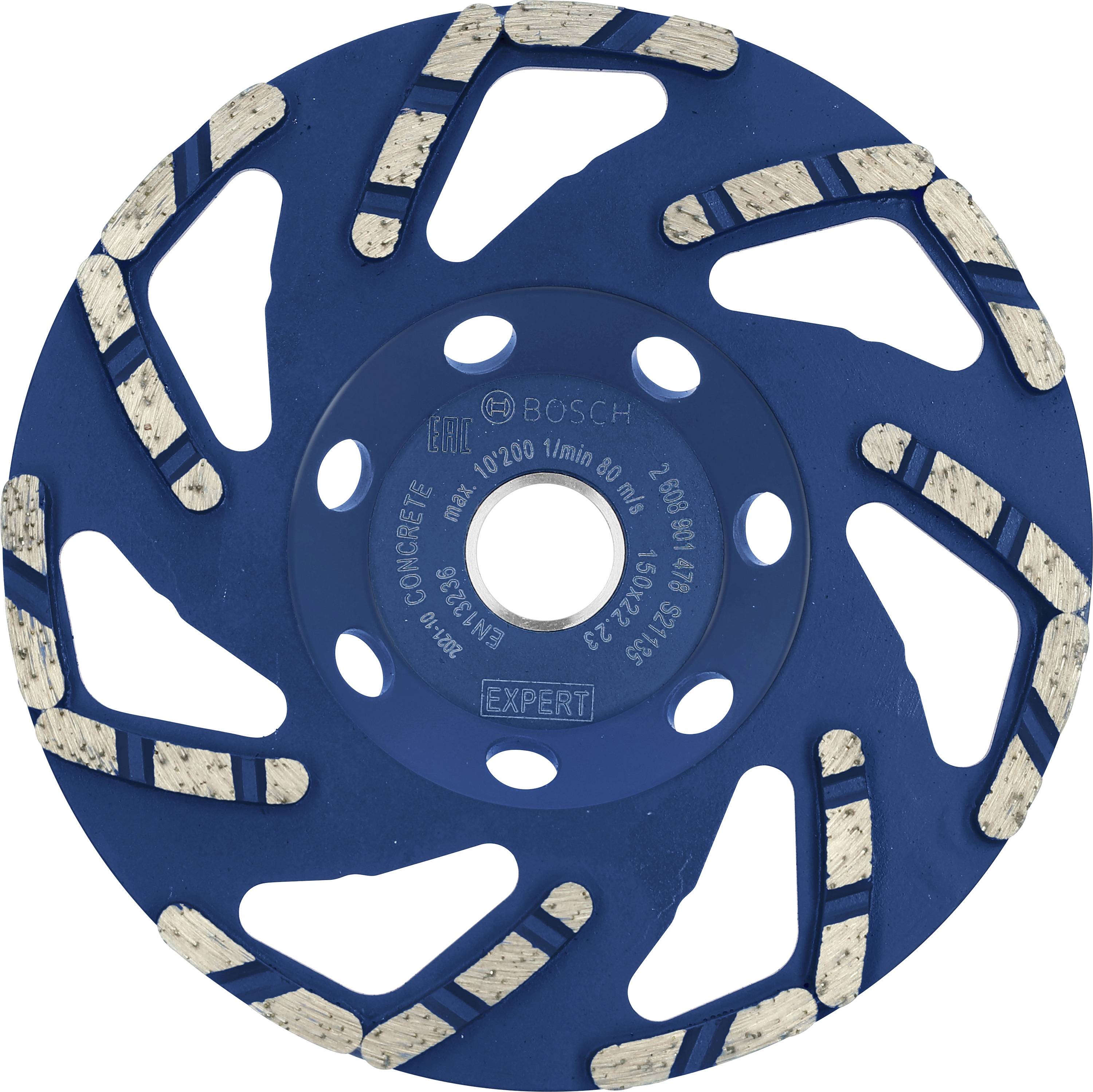 Eine blaue Diamantschleifscheibe mit silbernen Segmenten, geeignet für das Schleifen von Betonoberflächen.