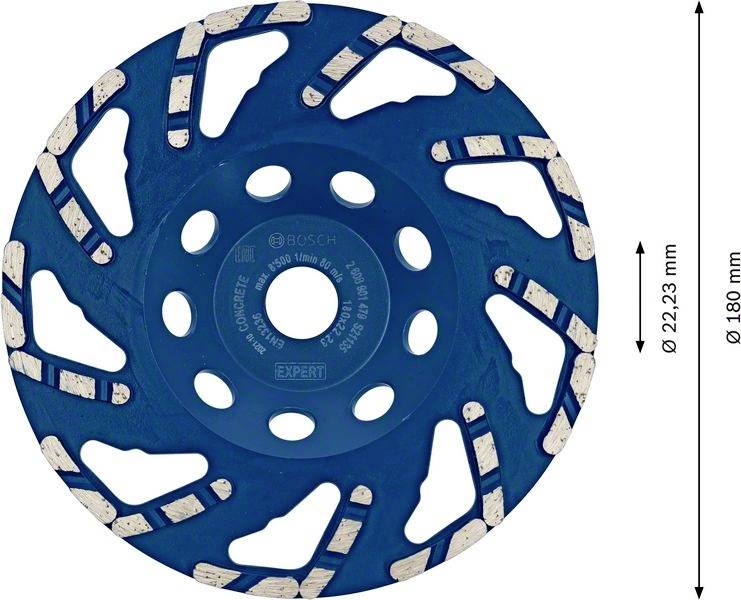 Blauer Trennscheibe mit Zähnen an der Kante, Durchmesser Ø180 mm, Loch Ø22,23 mm. Geeignet für Materialien wie Ziegel und Granit.