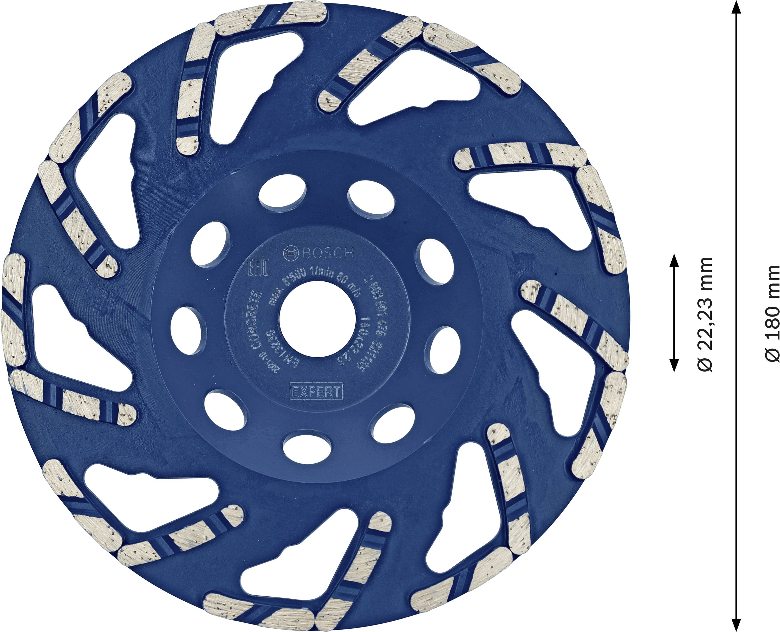 'Diamantschleifteller für Beton', blau, Durchmesser 180 mm, Bohrung 22,23 mm, zeigt segmentierte Schleifoberfläche, geeignet für glatte Abschlüsse.