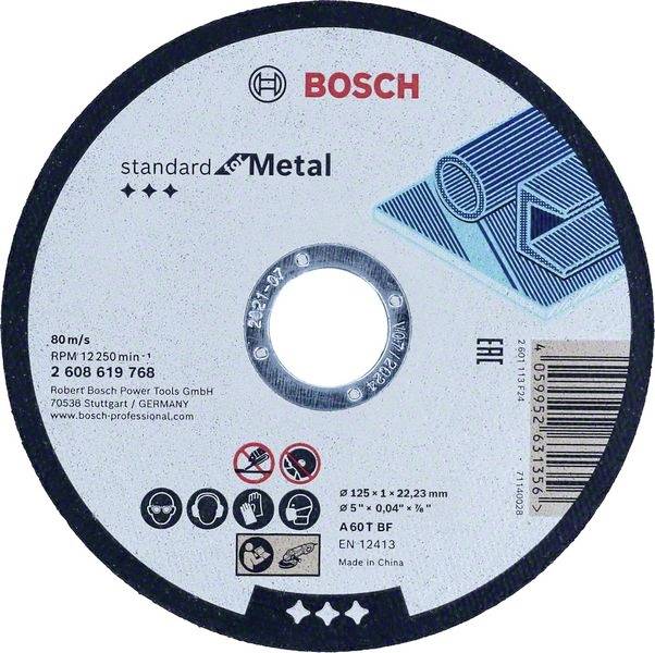'Bosch' Schleifscheibe für Metall, Produktbezeichnung 'standard Metal', max. Drehzahl 12.250 U/min, Größe 125 x 1 x 22,23 mm.