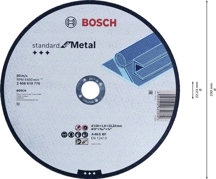Eine Trennscheibe mit der Aufschrift 'BOSCH standard for Metal'. Durchmesser: 230 mm. Geeignet für Metallschnitte.