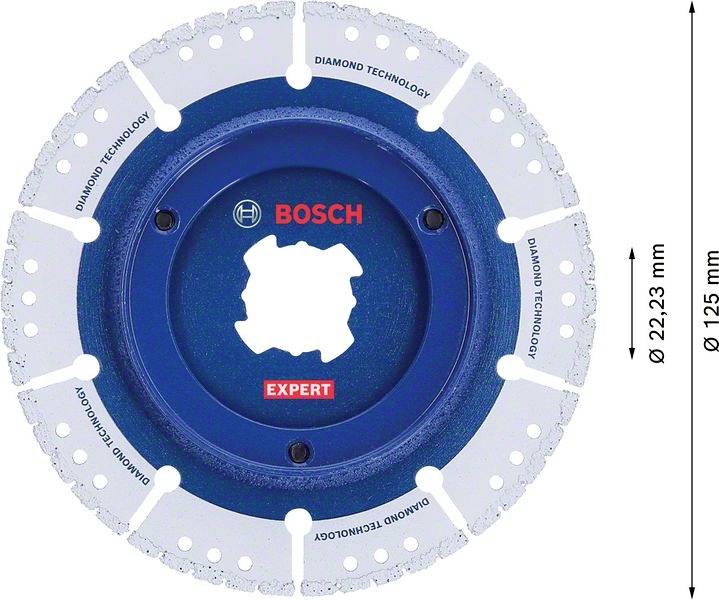 Kreissägeblatt von Bosch mit Beschriftung 'Diamond Technology' und 'Expert'. Durchmesser 125 mm, Bohrung 22,23 mm.