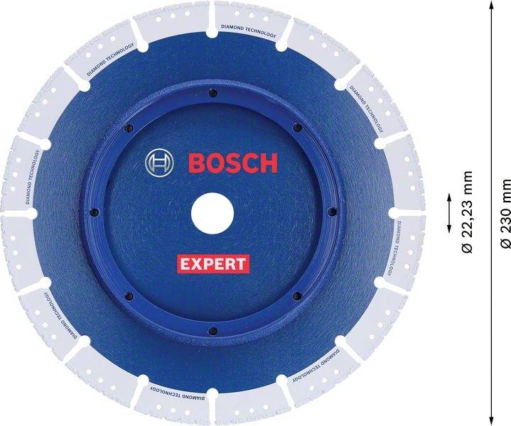Blaue Diamantscheibe mit Beschriftung 'Bosch Expert'. Durchmesser 230 mm, Bohrungsdurchmesser 22,23 mm. Geeignet für Fliesenbearbeitung.