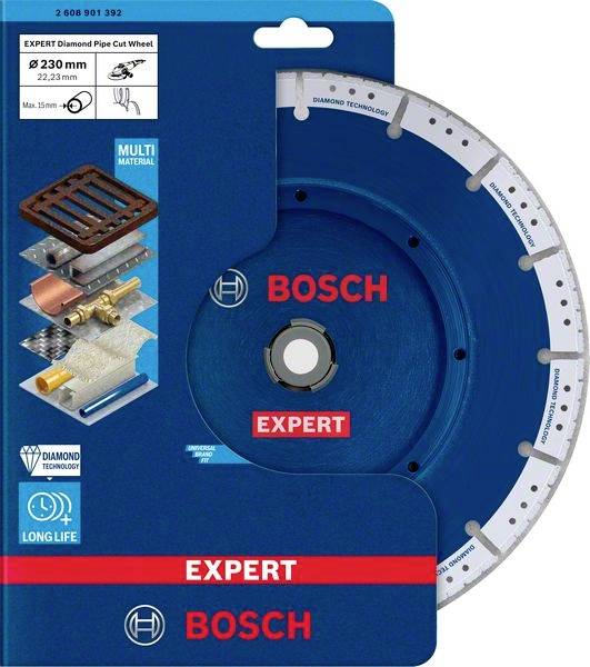 Blaues Bosch Expert Diamantsägeblatt für Rohre, 230 mm, geeignet für verschiedene Materialien wie Metall und Kunststoff.