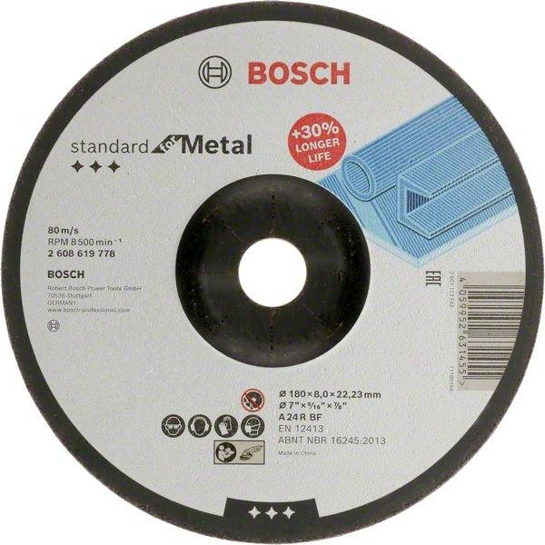 Trennscheibe 'BOSCH' für Metall, 180mm Durchmesser, 80m/s, rote +30% Längere Lebensdauer Markierung, graues Etikett mit blauen Rohren.