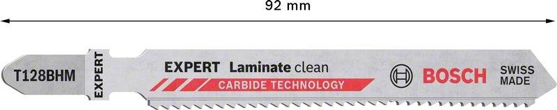 Sägeblatt, 92 mm lang, für sauberen Laminatschnitt, Marke Bosch, Aufschrift: 'EXPERT Laminate clean', 'CARBIDE TECHNOLOGY', 'SWISS MADE'.