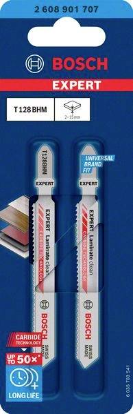 Zwei Bosch Expert Stichsägeblätter, Modell T128 BHM, geeignet für 2-15 mm dickes Holz und andere Materialien, hohe Lebensdauer.