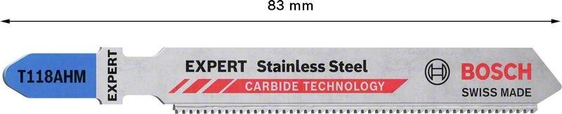 Stichsägeblatt aus Edelstahl, Modell T118AHM, Länge 83 mm. Besondere Merkmale: Expert, Bosch, Swiss Made, Carbide Technology.