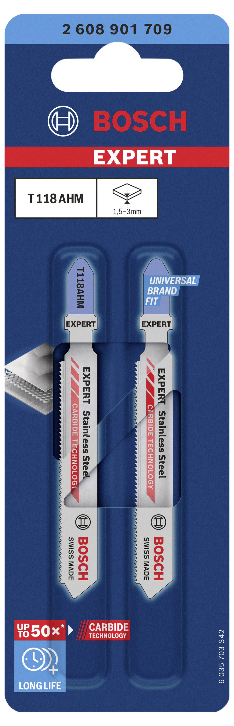 Zwei Bosch Expert Säbelsägeblätter für Metall in einer blauen Verpackung mit rotem und weißem Text; T 118 AHM, Carbide Technology.