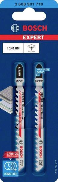 Verpackung mit zwei BOSCH Expert Stichsägeblättern, geeignet für Metall und Holz. Hinweis: 'Long Life' und 'Universal Brand Fit'.