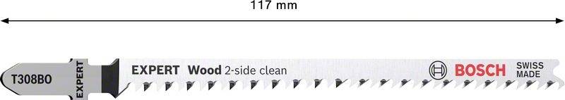 Sägeblatt für Stichsägen, Modell 'T308B0', Länge 117 mm, für Holz, mit beidseitiger Schnittfläche, Marke Bosch, 'Swiss Made'.