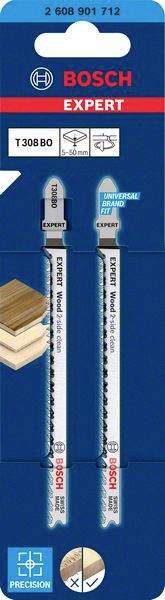 'Bosch Expert T308BO' Stichsägeblätter, ideal für Holz; zwei Blätter im Set, geeignet für präzise und saubere Schnitte.