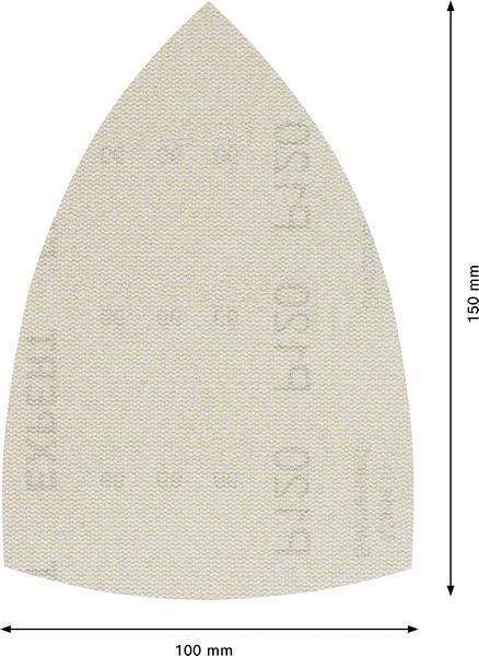 Abbildung eines Schleifblattes in Blattform, 150 mm hoch, 100 mm breit, mit Körnung. Enthält Messlinien für Höhe und Breite.