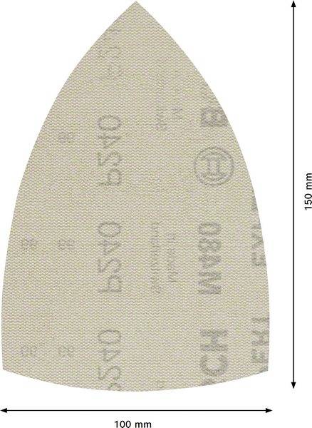 Schleifpapier für Deltaschleifer, dreieckige Form, Maße: 100 mm x 150 mm, Beschriftung zeigt Herstellerlogo und Typennummer.