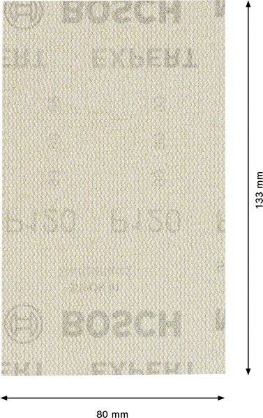 Ein rechteckiges Stück Schleifpapier mit den Maßen 133 mm x 80 mm und dem Aufdruck 'BOSCH'.