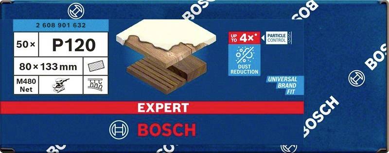Etikett einer Bosch-Schleifpapierpackung: 'P120', 50 Stück, 80 x 133 mm. Hervorhebung der Staubreduzierung und Vielseitigkeit.