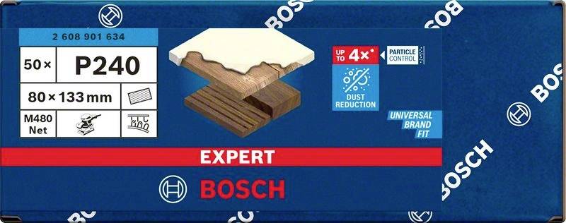 Verpackung einer Schleifpapierpackung von Bosch. Enthält 50 Blätter, Körnung P240, Größe 80 x 133 mm. Text: 'EXPERT', staubreduzierend.
