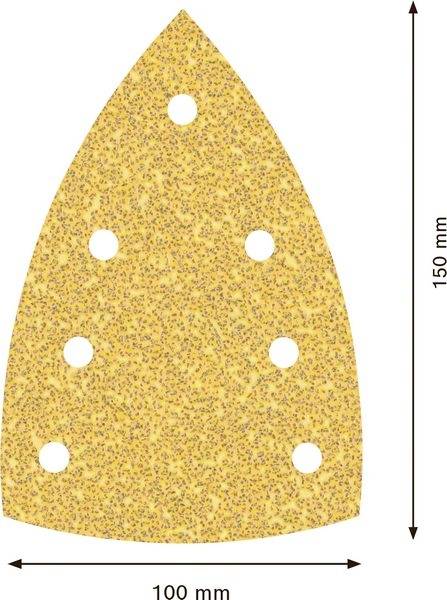 Schleifpapieraufsatz in Tropfenform mit sechs Löchern. Maße: 150 mm Länge, 100 mm Breite. Geeignet für Schleifarbeiten.