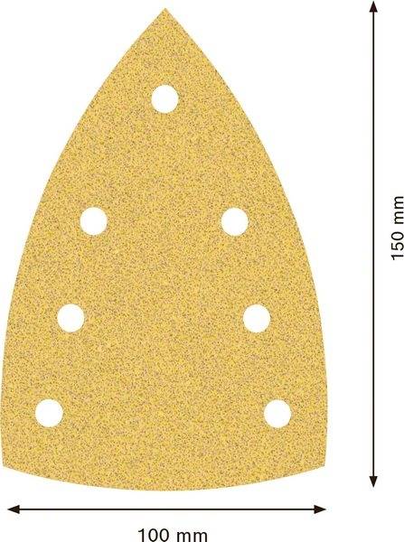Umriss eines Bügeleisenaufsatzes, 150 mm hoch und 100 mm breit, mit sechs symmetrisch verteilten Löchern.