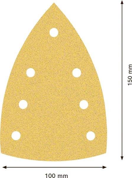 Gezeigt ist ein gelbes Schleifpapier mit sechs Löchern. Maße sind 150 mm in der Höhe und 100 mm in der Breite.