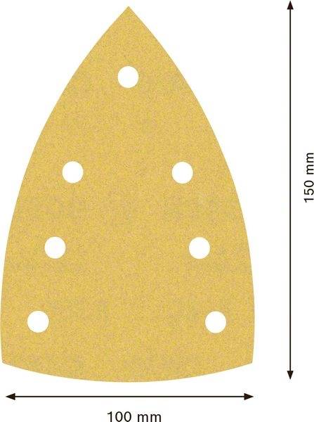 Schleifpapier in Bügeleisenform, gelblich-orange, 150 mm hoch, 100 mm breit, mit sieben runden Löchern.