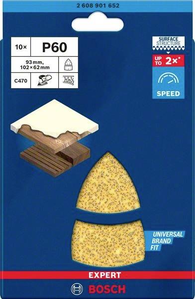 Verpackung einer Bosch-Schleifscheibe 'P60' für Holz, Größe 93x102 mm, zeigt Bild eines Holzstücks mit Schleifscheibe.