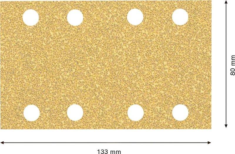 Ein rechteckiges Schleifpapier mit sechs runden Löchern. Maße: 133 mm Länge, 80 mm Breite.