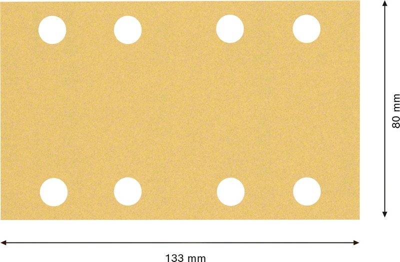 Rechteckiges Blatt Schleifpapier mit acht gleichmäßig verteilten Löchern. Maße: 133 mm in der Breite und 80 mm in der Höhe.