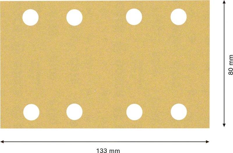 Braunes Rechteck mit acht runden Löchern gleichmäßig verteilt. Maße: 133 mm Breite, 80 mm Höhe.