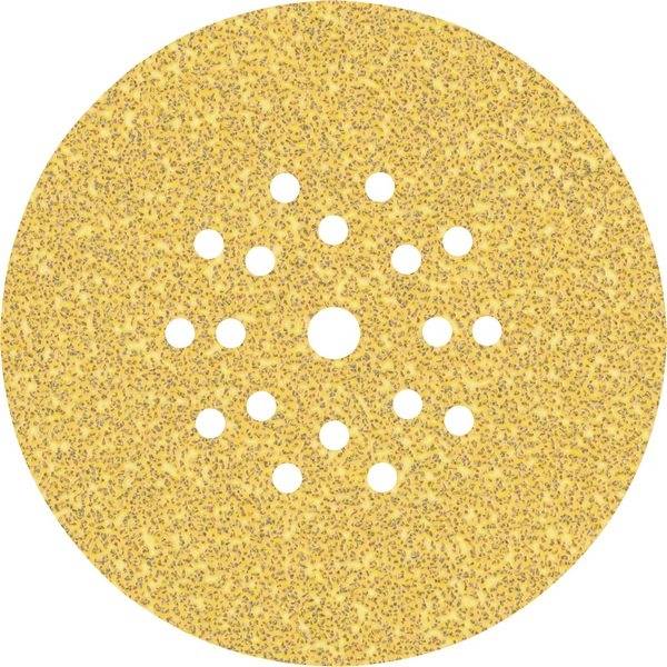 Ein runder Schleifscheibe mit mehreren kleinen Löchern, die gleichmäßig verteilt sind. Die Oberfläche hat eine körnige Textur.
