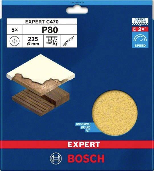 'Bosch Expert C470' Schleifpapier, 5 Stück, P80 Körnung, 225 mm Durchmesser, geeignet für Holz, Lack; universale Gerätekompatibilität.