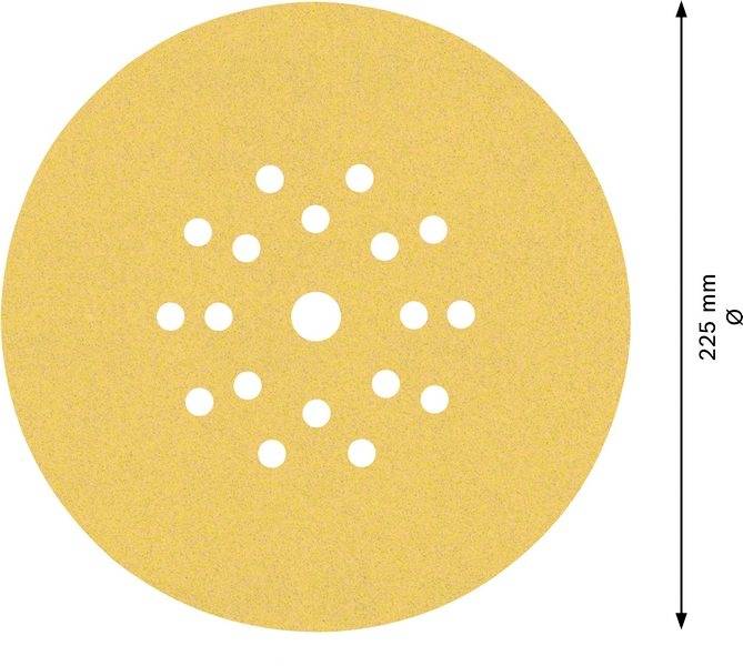 Rundes Schleifpapier, 225 mm Durchmesser, mit mehreren Löchern für Staubabsaugung.