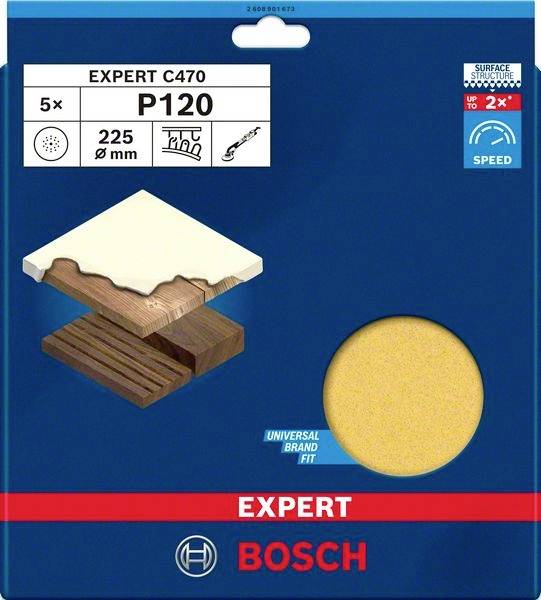 Verpackung für Bosch Schleifpapier 'EXPERT C470', Körnung P120, Durchmesser 225 mm, geeignet für Holz und Farbe, enthält 5 Stück.