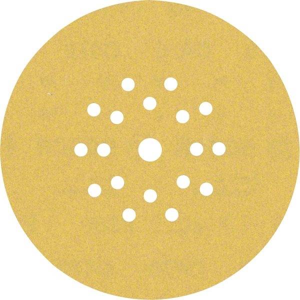 Ein rundes gelbes Schleifpapier mit mehreren kleinen Löchern, symmetrisch um ein größeres zentrales Loch angeordnet.