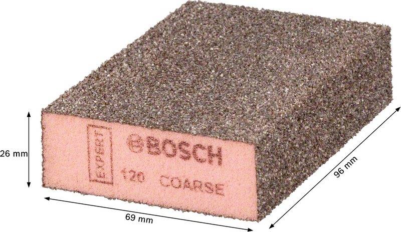 Schleifschwamm von Bosch, grobe Körnung 120, rechteckig, Abmessungen: 69 mm x 96 mm x 26 mm. Verwendbar für manuelles Schleifen.