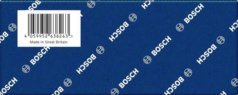 Blaues Paket mit weißem 'BOSCH' Logo-Muster und Barcode. Text: 'Made in Great Britain'.